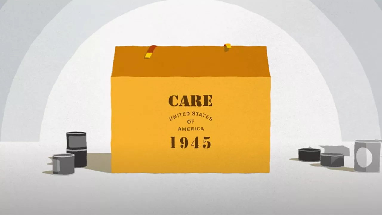 An illustrated graphic of a CARE Package that reads "CARE - United States of America - 1945"