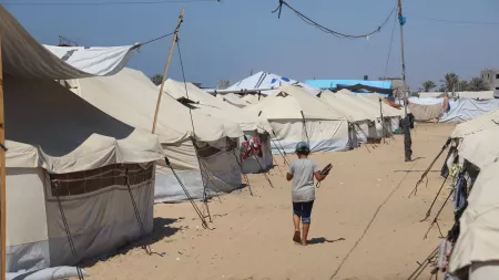 The tented formal sites in Al-Mawassi, Khan Younis, a small strip of land by the sea, where an estimated one million people facing repeated evacuation orders over the past 10 months are being squeezed into, with no access to basic services, including safe water, sustainable source of food, healthcare, sanitation, and hygiene.