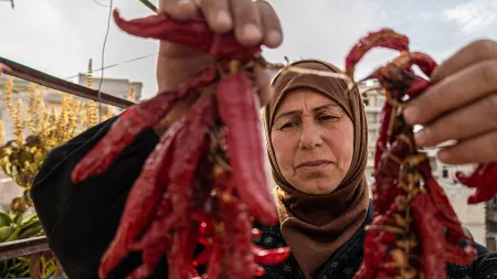 A woman in northwest Syria displays dried red peppers as part of her small grocery business.