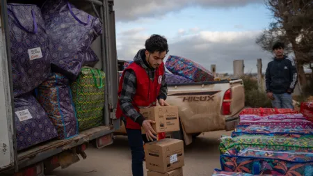 CARE Libya's local partner, the Libyan Red Crescent, providing emergency aid to families affected by Storm Daniel