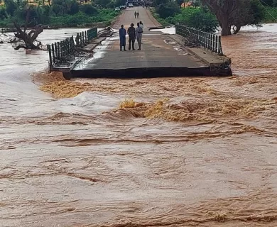 Three people stand on a damaged bridge over a raging river, with floodwaters rushing below and surrounding trees partially submerged.